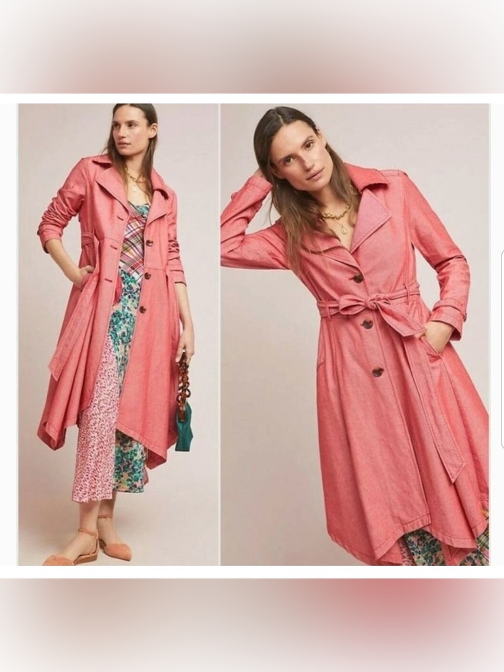 Anthropologie Red Chambray Long Trench Coat Size XXS